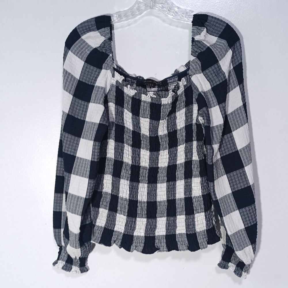 Phase Eight Esty gingham Square Neck smocked Blouse in Navy/White Size 8